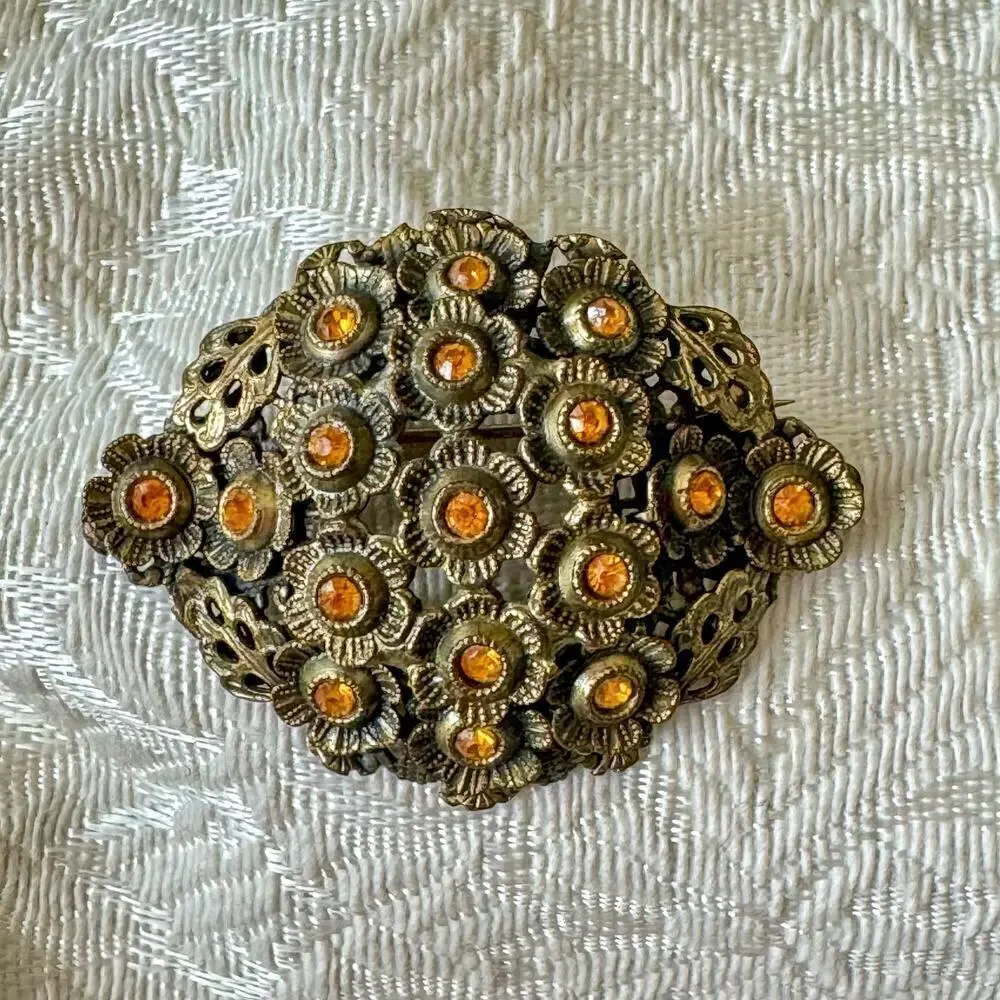 Large 2” 1930s Art Nouveau Vintage Filigree Broach Amber Czech Glass Antique Pin